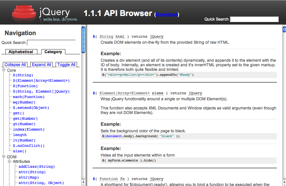 jQuery API Browser